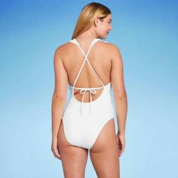 Women's Plunge Flounce Neckline One Piece Swimsuit - Shade & Shore White L - Picture 3 of 5